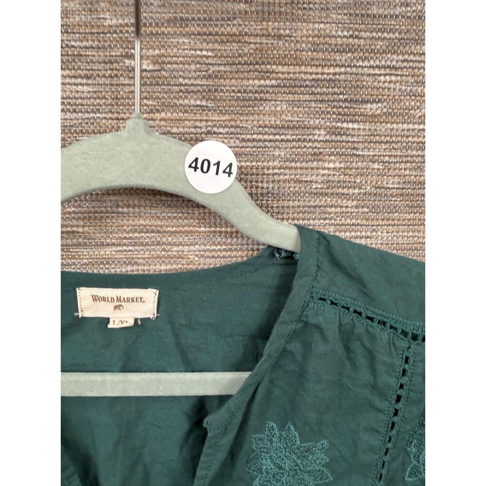 World Market Blouse Womens L/XL Green Embroidered V Neck 3/4 Sleeve Tunic Top - Picture 8 of 11
